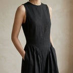 Black Cotton Flax Sleeveless Paneled Maxi Dress