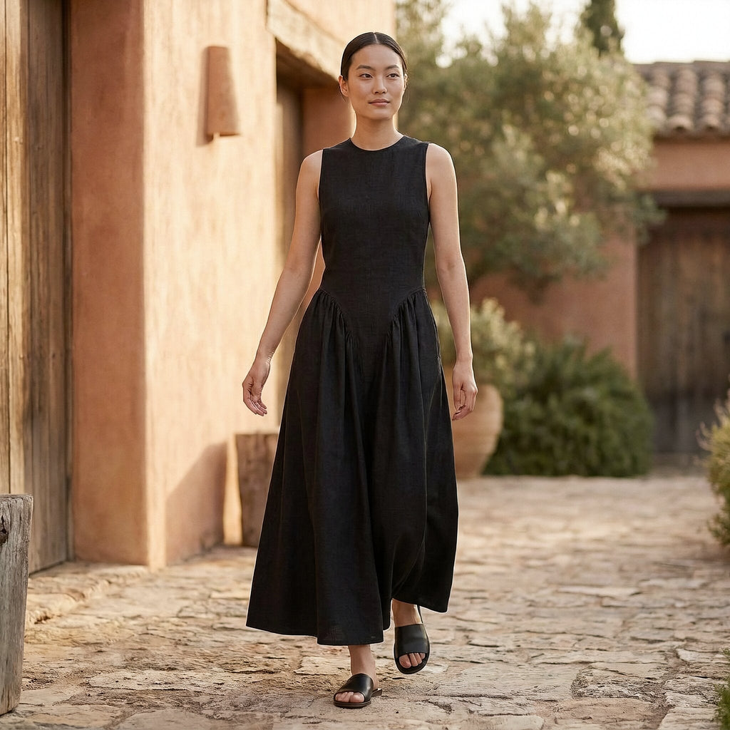 Black Cotton Flax Sleeveless Paneled Maxi Dress
