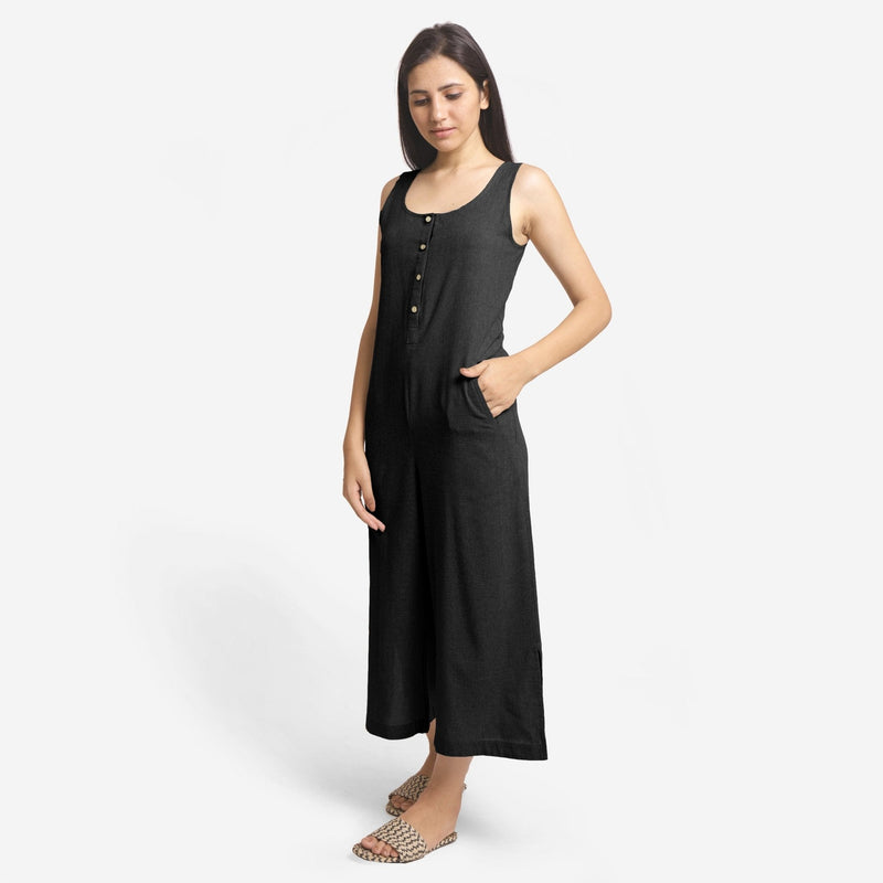 Black Cotton Flax Sleeveless Wide Legged Jumpsuit