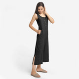 Black Cotton Flax Sleeveless Wide Legged Jumpsuit