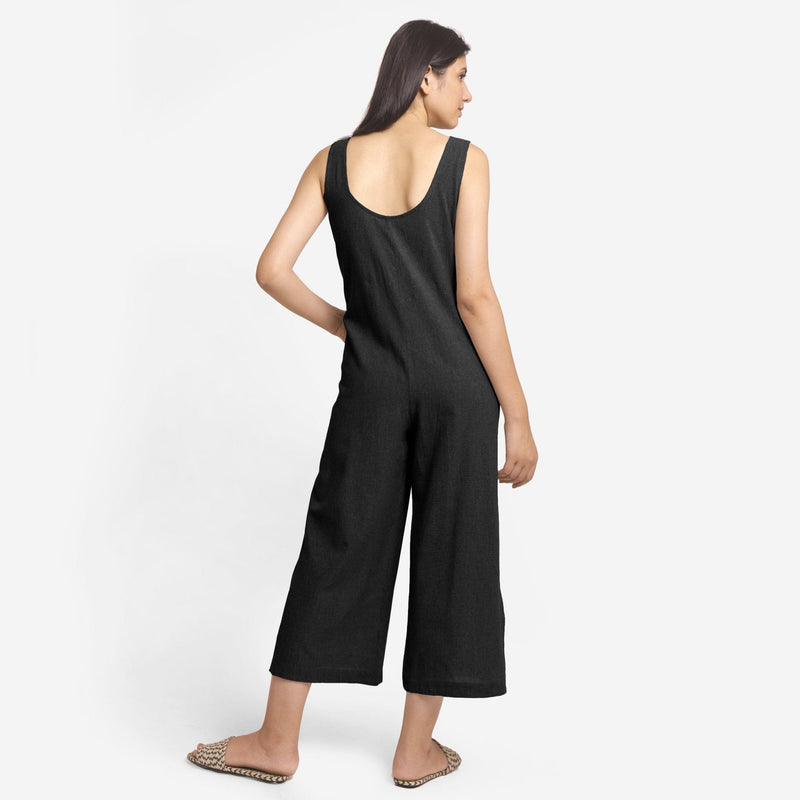 Black Cotton Flax Sleeveless Wide Legged Jumpsuit