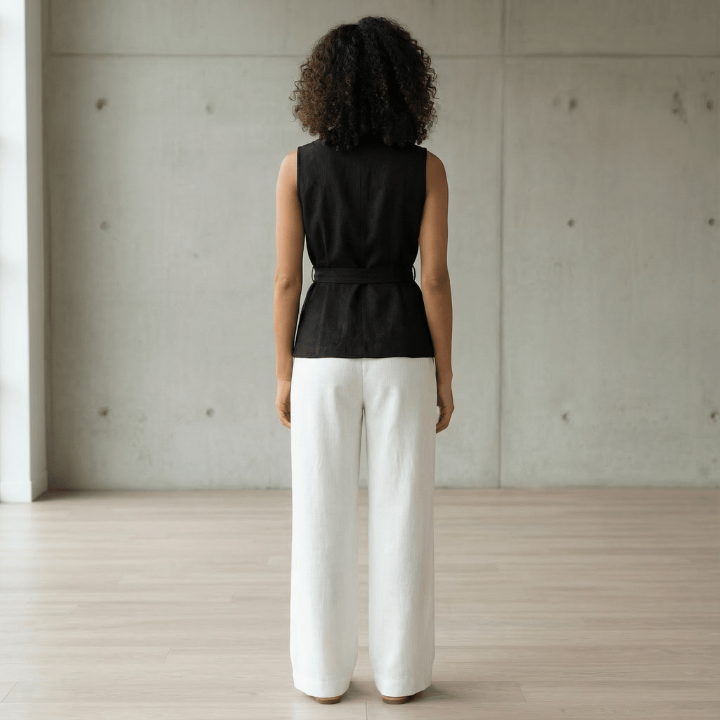 Black Cotton Flax Sleeveless Wrap Top with Belt