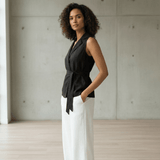 Black Cotton Flax Sleeveless Wrap Top with Belt