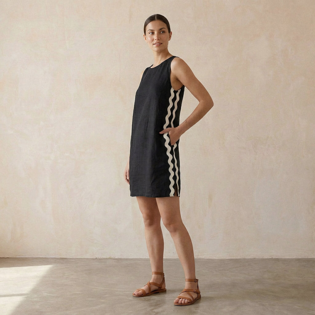 Black Cotton Flax Wavy Stripe Short Shift Dress