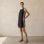 Black Cotton Flax Wavy Stripe Short Shift Dress