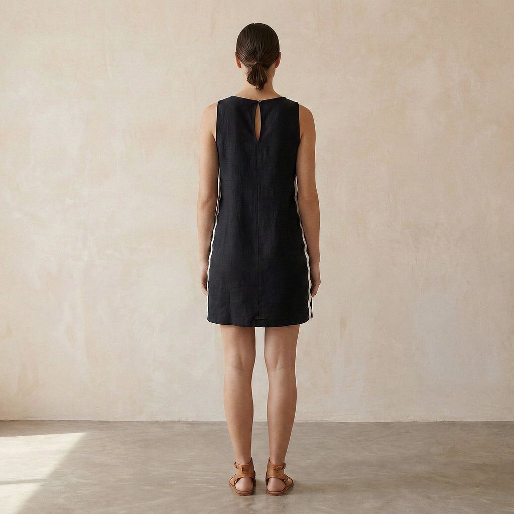 Black Cotton Flax Wavy Stripe Short Shift Dress
