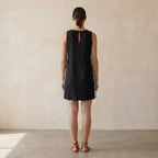 Black Cotton Flax Wavy Stripe Short Shift Dress