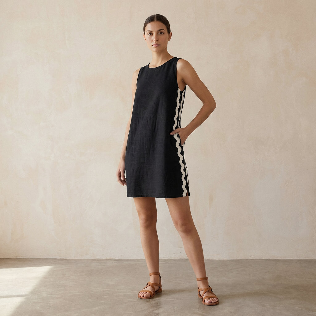 Black Cotton Flax Wavy Stripe Short Shift Dress