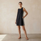 Black Cotton Flax Wavy Stripe Short Shift Dress
