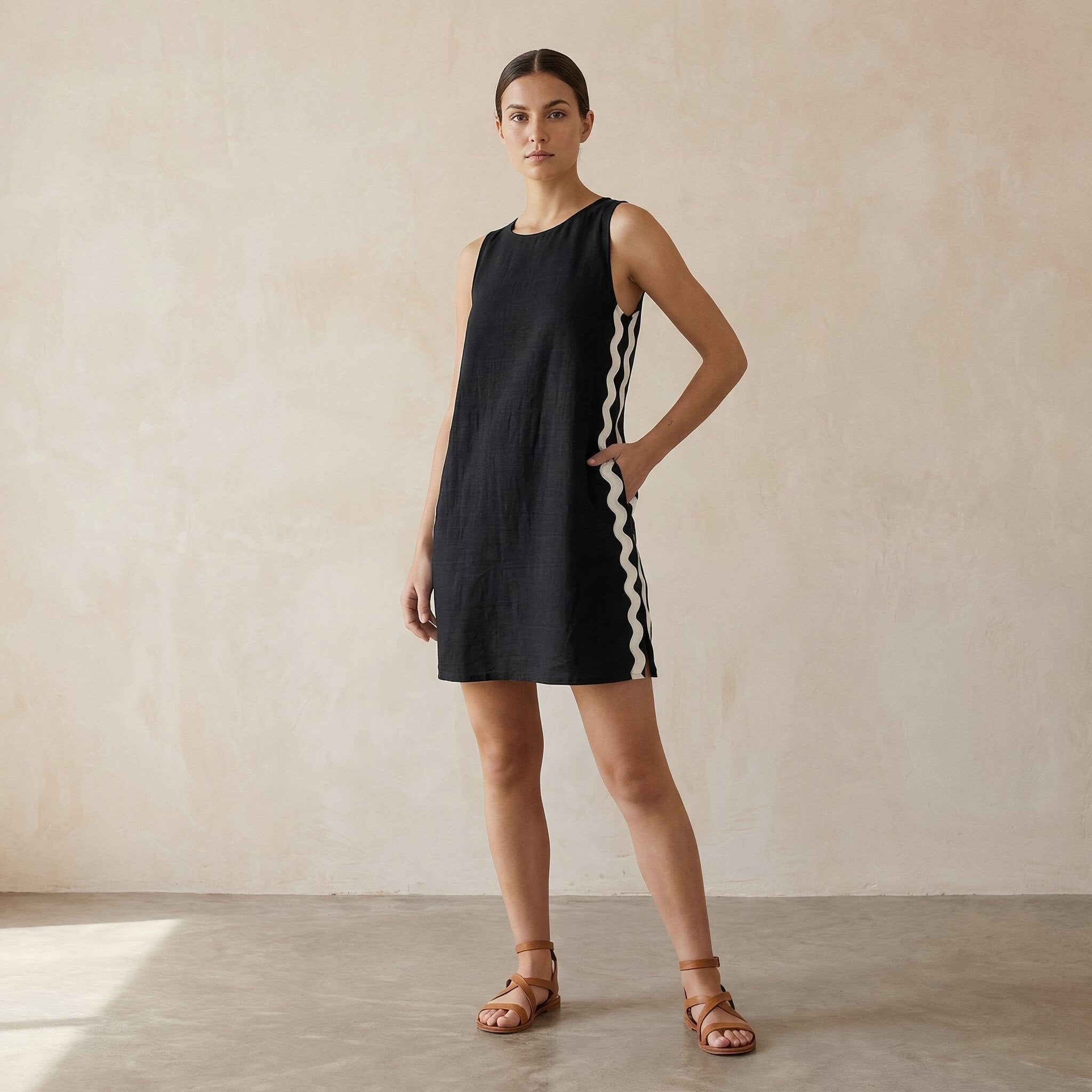 Black Cotton Flax Wavy Stripe Short Shift Dress