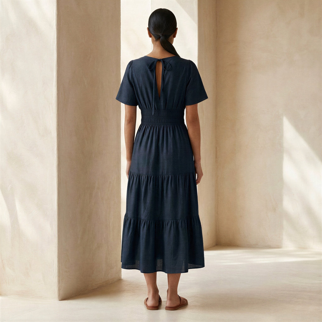 Black Cotton Flutter Sleeve Tie-Back Tiered Midi Dress