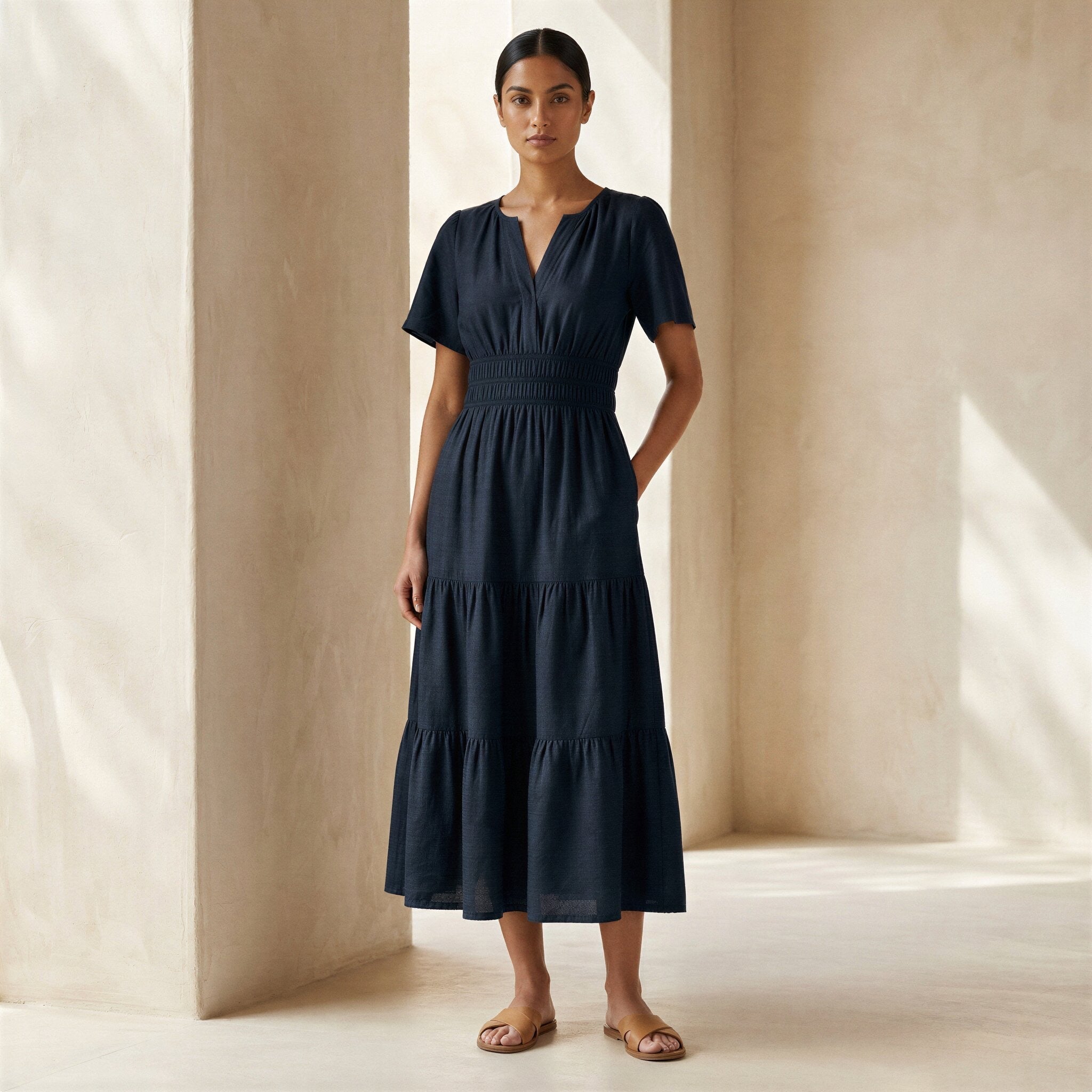 Black Cotton Flutter Sleeve Tie-Back Tiered Midi Dress