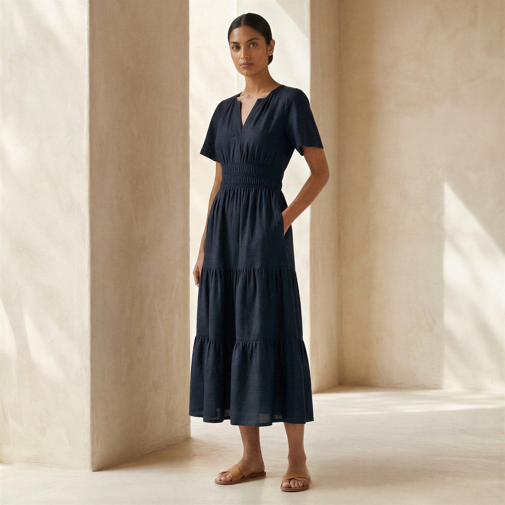 Black Cotton Flutter Sleeve Tie-Back Tiered Midi Dress