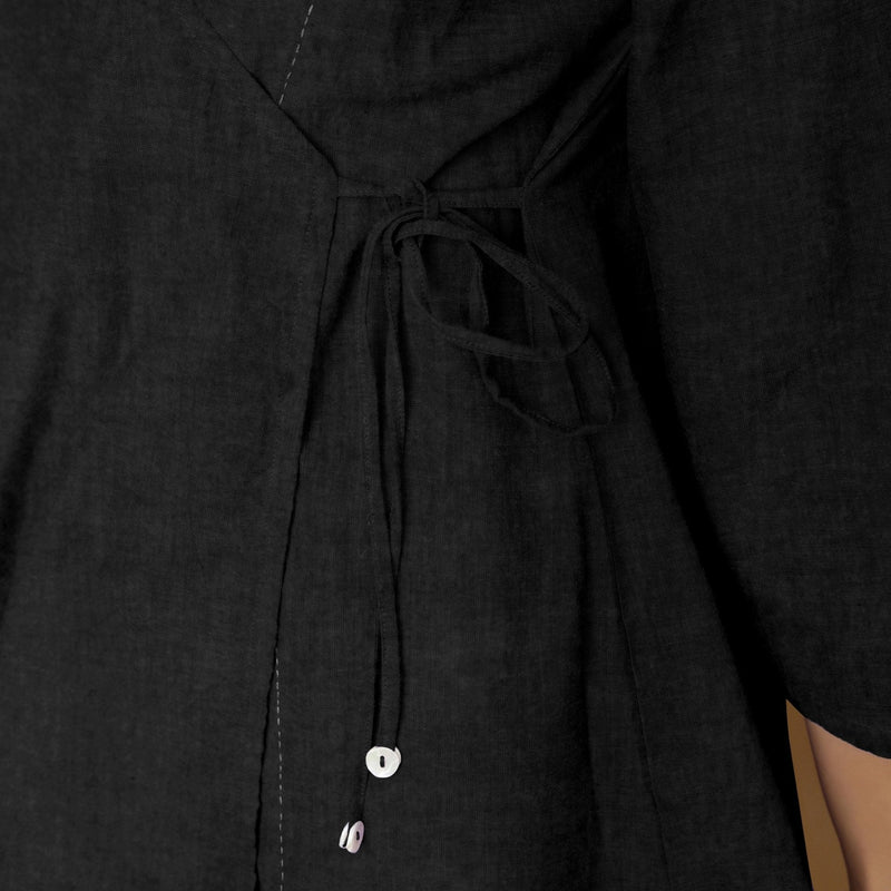 Black Cotton Linen Asymmetrical V-Neck Godet Top