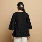 Black Cotton Linen Asymmetrical V-Neck Godet Top