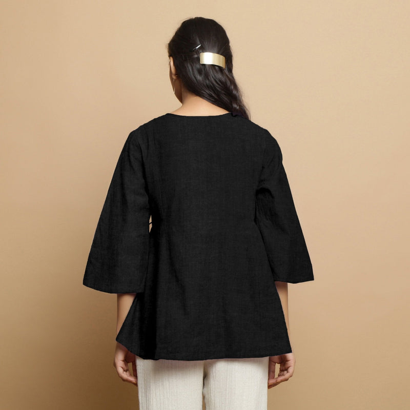 Black Cotton Linen Asymmetrical V-Neck Godet Top