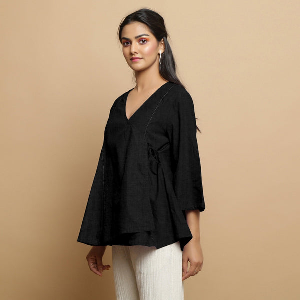 Black Cotton Linen Asymmetrical V-Neck Godet Top