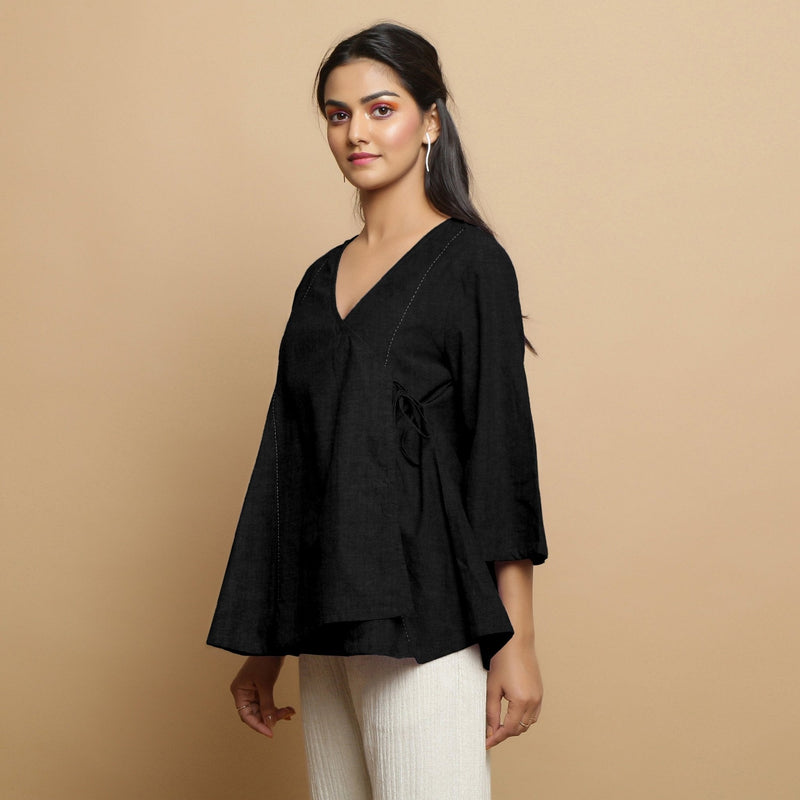 Black Cotton Linen Asymmetrical V-Neck Godet Top