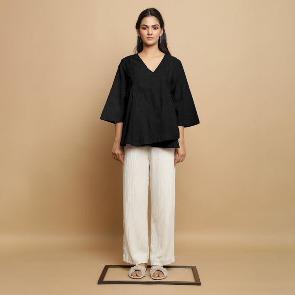 Black Cotton Linen Asymmetrical V-Neck Godet Top