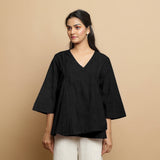 Black Cotton Linen Asymmetrical V-Neck Godet Top