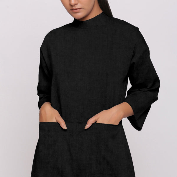 Black Cotton Linen Comfort Fit High Neck Jumpsuit