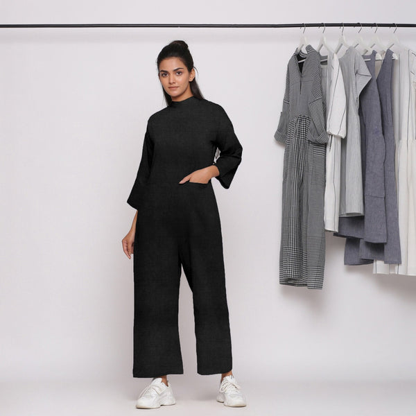 Black Cotton Linen Comfort Fit High Neck Jumpsuit