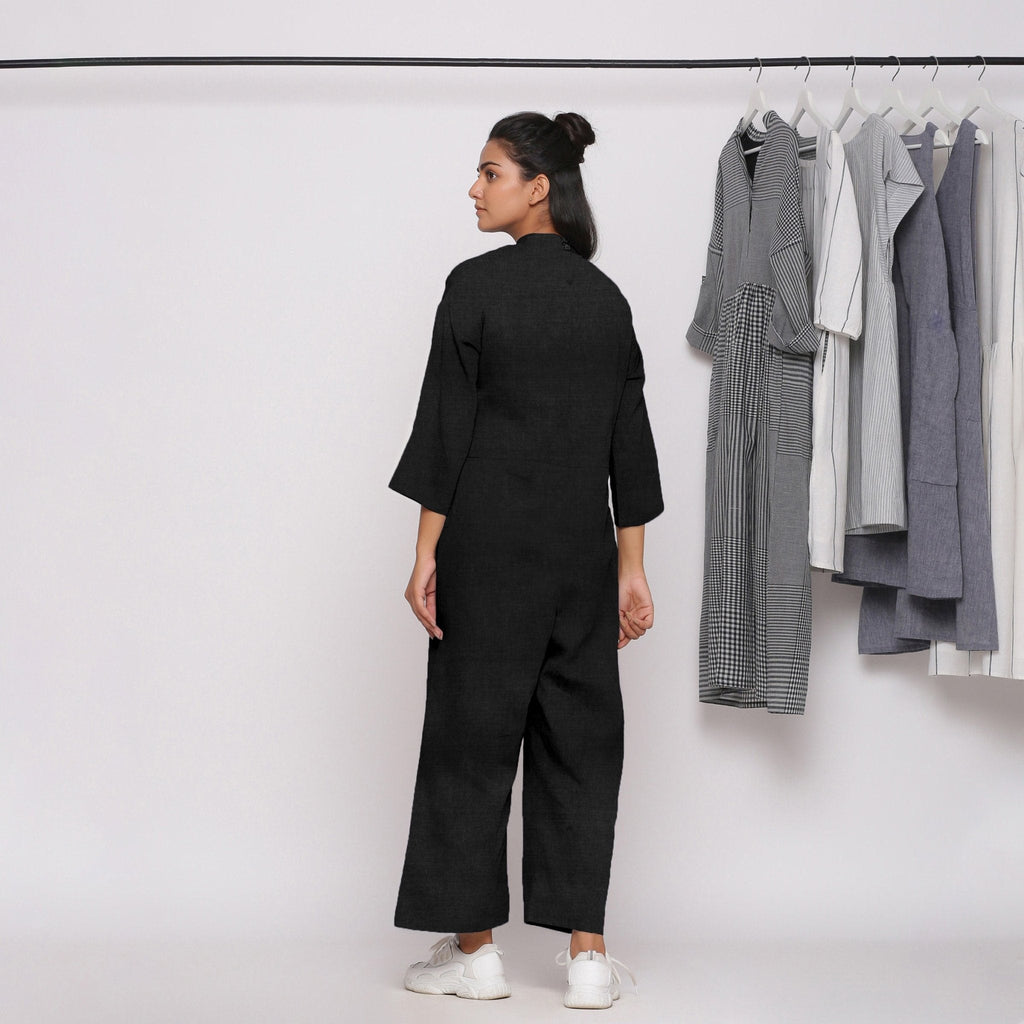 Black Cotton Linen Comfort Fit High Neck Jumpsuit