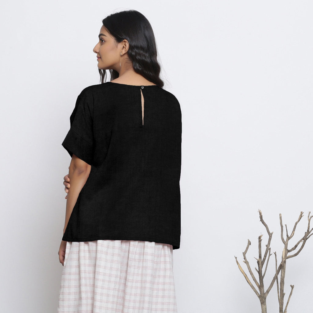 Black Cotton Linen Drop Shoulder Sleeves Yoked Top
