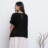 Black Cotton Linen Drop Shoulder Sleeves Yoked Top