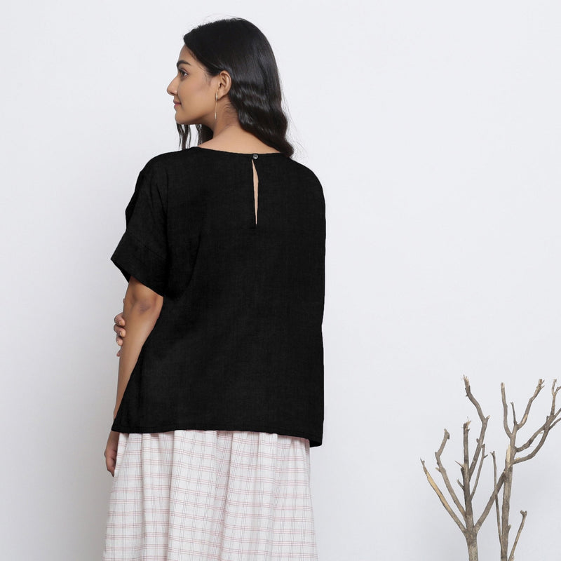 Black Cotton Linen Drop Shoulder Sleeves Yoked Top