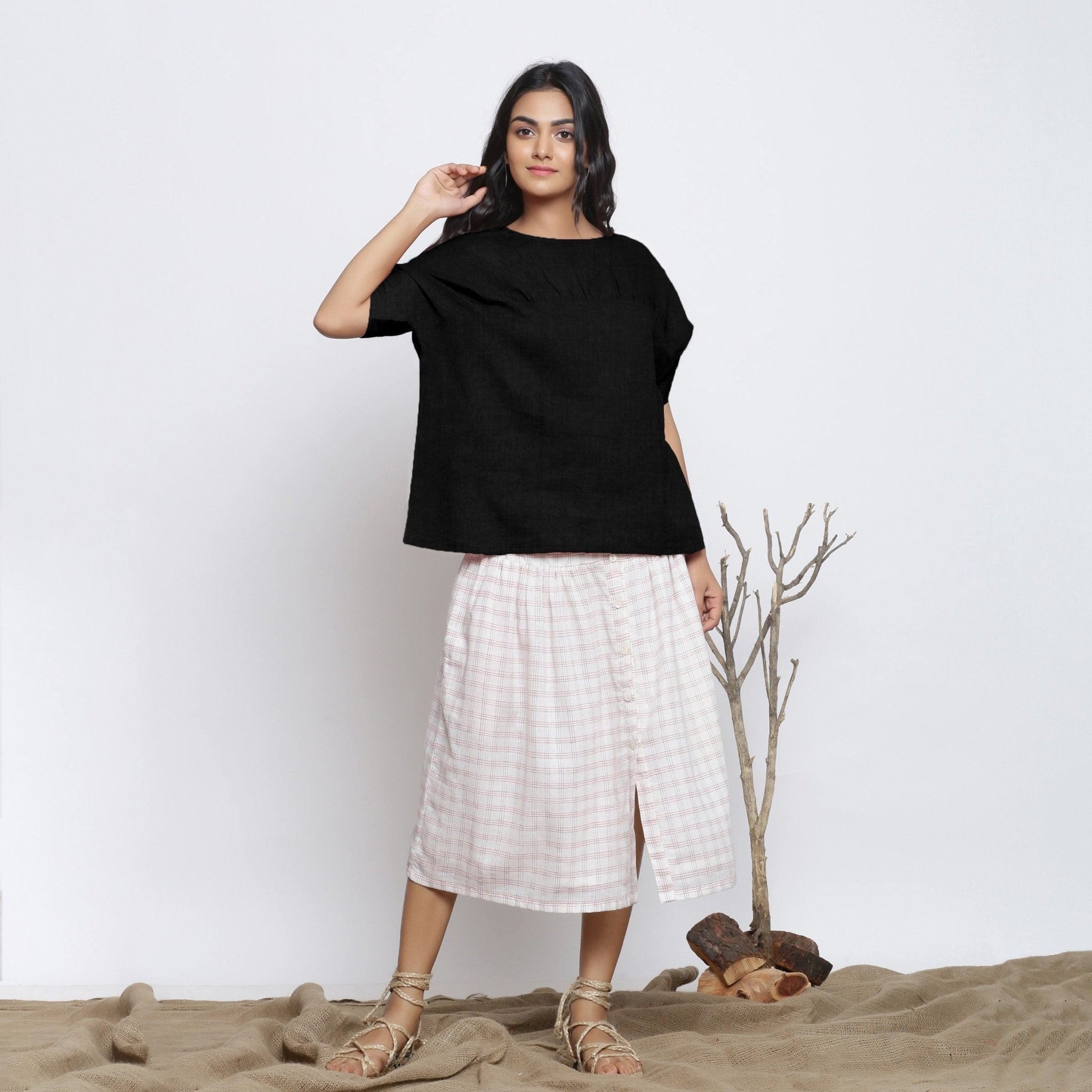 Black Cotton Linen Drop Shoulder Sleeves Yoked Top