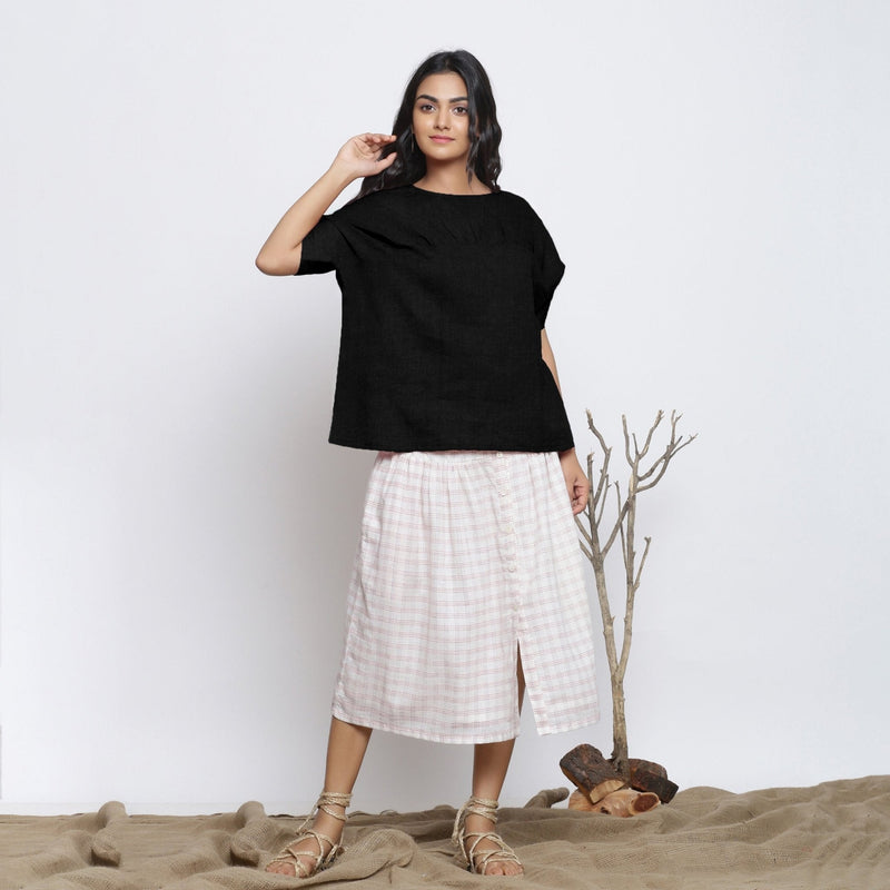 Black Cotton Linen Drop Shoulder Sleeves Yoked Top