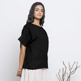 Black Cotton Linen Drop Shoulder Sleeves Yoked Top