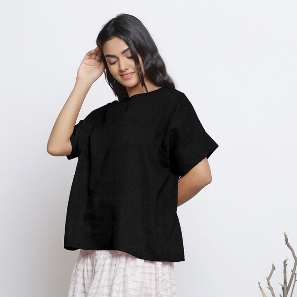 Black Cotton Linen Drop Shoulder Sleeves Yoked Top