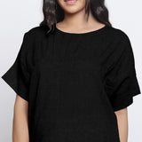 Black Cotton Linen Drop Shoulder Sleeves Yoked Top