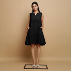 Black Cotton Linen Embroidered Knee-Length Godet Dress