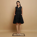 Black Cotton Linen Embroidered Knee-Length Godet Dress