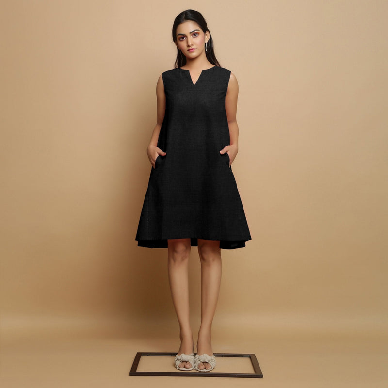 Black Cotton Linen Embroidered Knee-Length Godet Dress