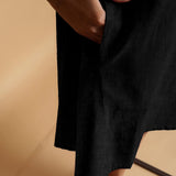 Black Cotton Linen Embroidered Knee-Length Godet Dress