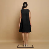 Black Cotton Linen Embroidered Knee-Length Godet Dress