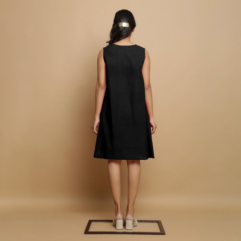 Black Cotton Linen Embroidered Knee-Length Godet Dress