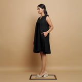 Black Cotton Linen Embroidered Knee-Length Godet Dress