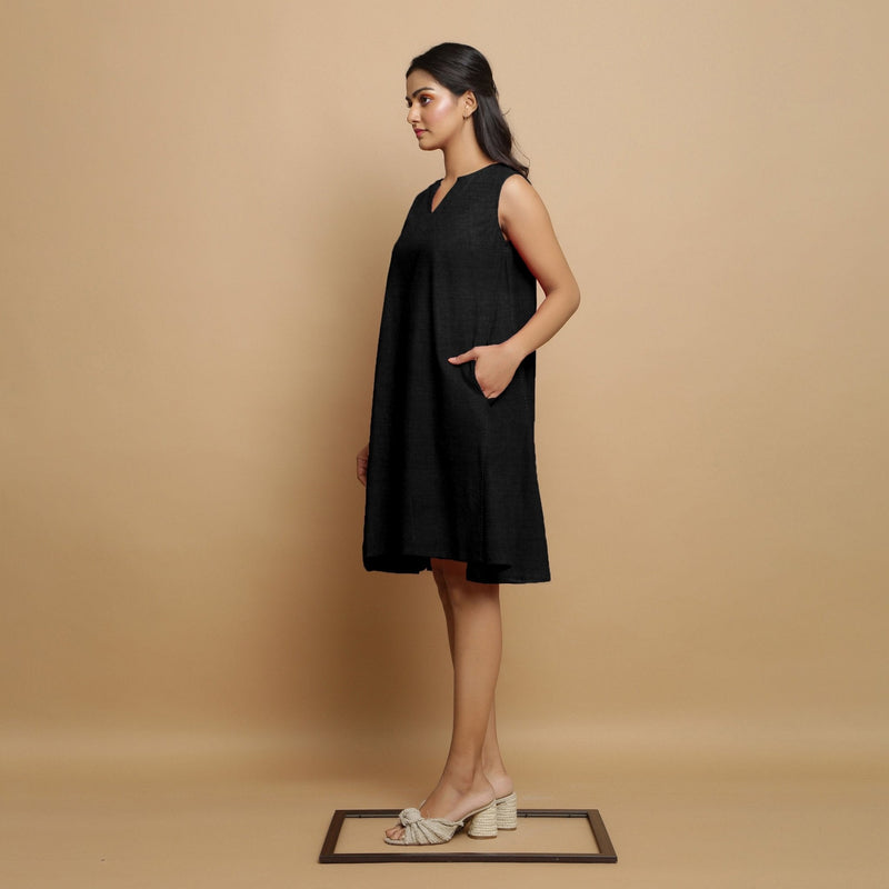 Black Cotton Linen Embroidered Knee-Length Godet Dress