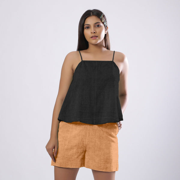 Black Cotton Linen  Flared Camisole Top