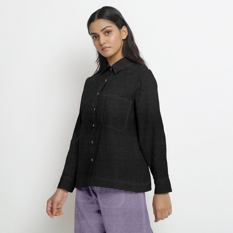 Black Cotton Linen Full Sleeve Button-Down Shirt