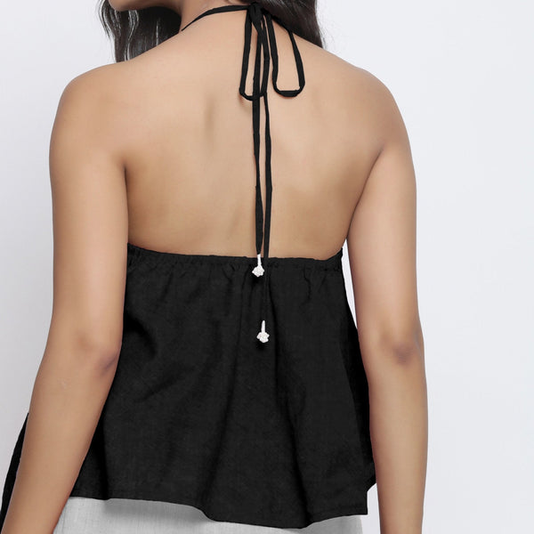 Black Cotton Linen Halter Neck Handkerchief Top