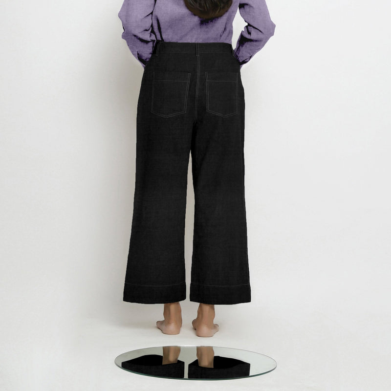 Black Cotton Linen Patch Pocket Wide Legged Pant