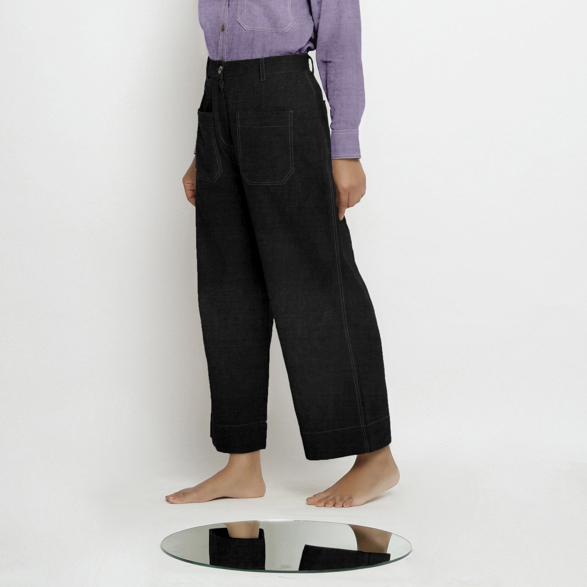 Black Cotton Linen Patch Pocket Wide Legged Pant