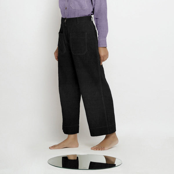 Black Cotton Linen Patch Pocket Wide Legged Pant