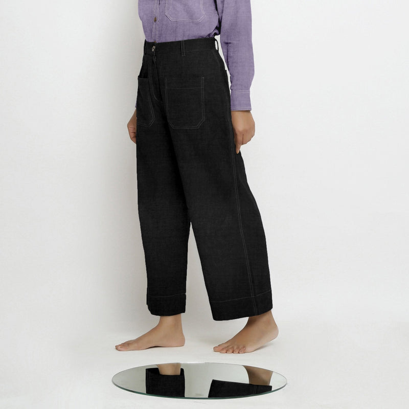 Black Cotton Linen Patch Pocket Wide Legged Pant